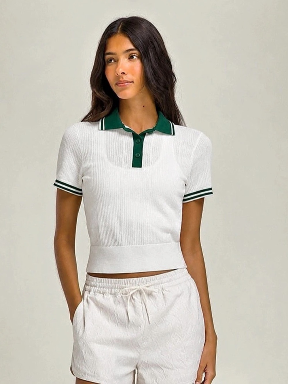 Wilson Shrunken Essex Polo White & Green Short Sleeve Knit Tennis Top size Small